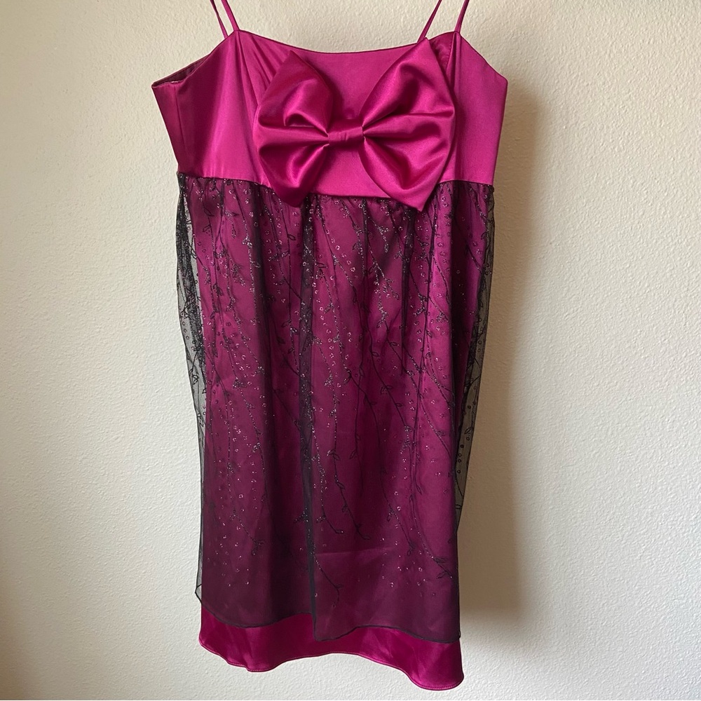 Y2K Vintage Love Tease Silky Bow Sparkle Two Layer Mini Dress